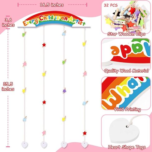 عرض فني للأطفال من Garybank بدون حفر لاصق للجدار، عرض عمل فني للأطفال لحرف رسومات الأطفال، انظر إلى ما صنعته من الخشب مع 32 مشبكًا لديكور غرفة نوم الفتيات (عبوتان) in Kuwait