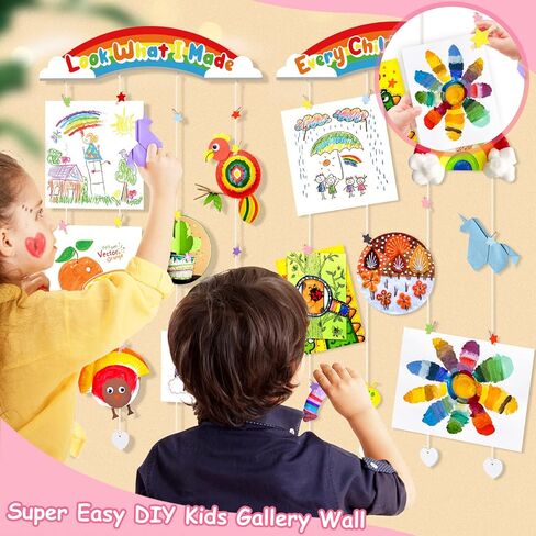 عرض فني للأطفال من Garybank بدون حفر لاصق للجدار، عرض عمل فني للأطفال لحرف رسومات الأطفال، انظر إلى ما صنعته من الخشب مع 32 مشبكًا لديكور غرفة نوم الفتيات (عبوتان) in Kuwait