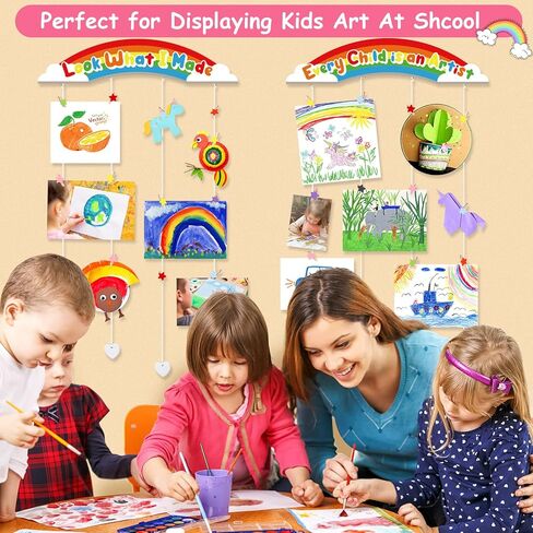 عرض فني للأطفال من Garybank بدون حفر لاصق للجدار، عرض عمل فني للأطفال لحرف رسومات الأطفال، انظر إلى ما صنعته من الخشب مع 32 مشبكًا لديكور غرفة نوم الفتيات (عبوتان) in Kuwait