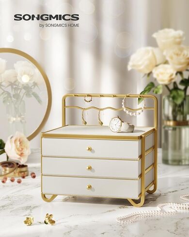 SONGMICS 3-Tier Jewelry Box, Drawer Jewelry Organizer, with Open Storage, Hanging Rack, for Vanity Table, Metal Frame, 8.1 x 8.9 x 9.3 Inches, Gift Idea, Cloud White UJBC168W01 in Saudi Arabia