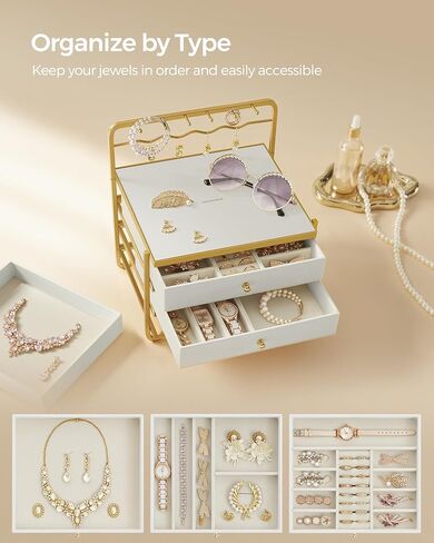 SONGMICS 3-Tier Jewelry Box, Drawer Jewelry Organizer, with Open Storage, Hanging Rack, for Vanity Table, Metal Frame, 8.1 x 8.9 x 9.3 Inches, Gift Idea, Cloud White UJBC168W01 in Saudi Arabia