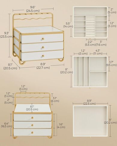 SONGMICS 3-Tier Jewelry Box, Drawer Jewelry Organizer, with Open Storage, Hanging Rack, for Vanity Table, Metal Frame, 8.1 x 8.9 x 9.3 Inches, Gift Idea, Cloud White UJBC168W01 in Saudi Arabia