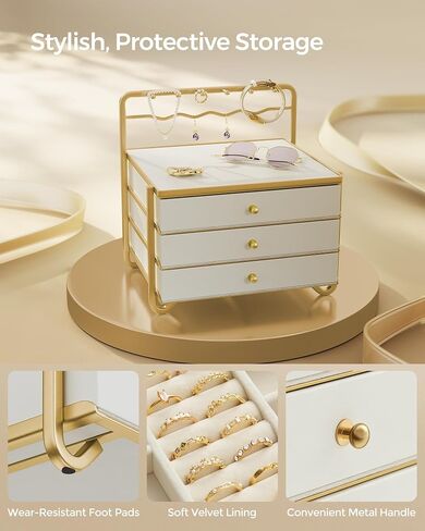 SONGMICS 3-Tier Jewelry Box, Drawer Jewelry Organizer, with Open Storage, Hanging Rack, for Vanity Table, Metal Frame, 8.1 x 8.9 x 9.3 Inches, Gift Idea, Cloud White UJBC168W01 in Saudi Arabia