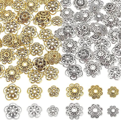 PandaHall 360pcs Flower Bead Caps, 2 Shapes Tibetan Alloy End Caps Antique Golden Silver Spacer Beads Caps 8/10/12mm Jewelry Spacer Caps for Jewelry Earrings Bracelets Necklaces Making, 3 Sizes in Saudi Arabia