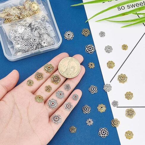 PandaHall 360pcs Flower Bead Caps, 2 Shapes Tibetan Alloy End Caps Antique Golden Silver Spacer Beads Caps 8/10/12mm Jewelry Spacer Caps for Jewelry Earrings Bracelets Necklaces Making, 3 Sizes in Saudi Arabia