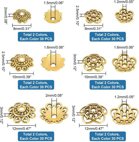 PandaHall 360pcs Flower Bead Caps, 2 Shapes Tibetan Alloy End Caps Antique Golden Silver Spacer Beads Caps 8/10/12mm Jewelry Spacer Caps for Jewelry Earrings Bracelets Necklaces Making, 3 Sizes in Saudi Arabia