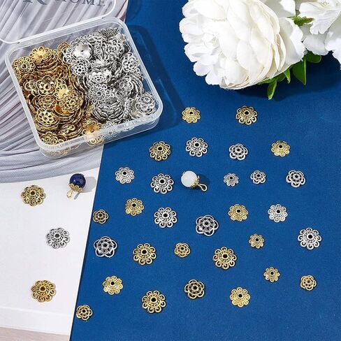 PandaHall 360pcs Flower Bead Caps, 2 Shapes Tibetan Alloy End Caps Antique Golden Silver Spacer Beads Caps 8/10/12mm Jewelry Spacer Caps for Jewelry Earrings Bracelets Necklaces Making, 3 Sizes in Saudi Arabia