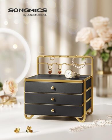 SONGMICS 3-Tier Jewelry Box, Drawer Jewelry Organizer, with Open Storage, Hanging Rack, for Vanity Table, Metal Frame, 8.1 x 8.9 x 9.3 Inches, Gift Idea, Cloud White UJBC168W01 in Saudi Arabia