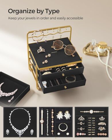 SONGMICS 3-Tier Jewelry Box, Drawer Jewelry Organizer, with Open Storage, Hanging Rack, for Vanity Table, Metal Frame, 8.1 x 8.9 x 9.3 Inches, Gift Idea, Cloud White UJBC168W01 in Saudi Arabia