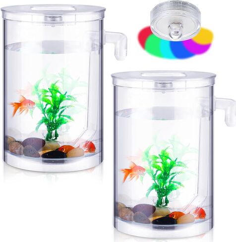 Nuogo 2 Pack Betta Fish Tank 360 Aquarium with LED Light 1 Gallon Self Cleaning Fish Bowl Small Fish Tank Starter Kit Desktop Decoration for Office Home Room Decor Turtle Reptile Shrimp Accessories in Saudi Arabia