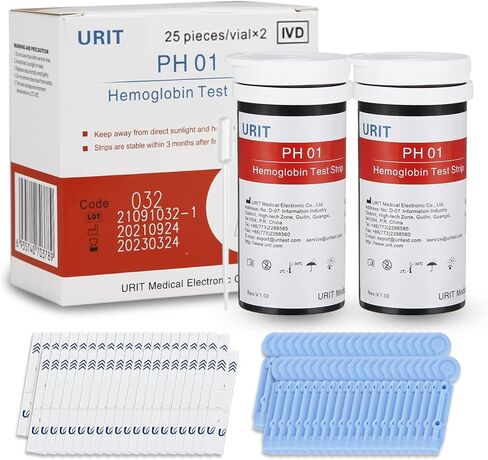 URIT 50 شريط اختبار الهيموجلوبين مع 50 وخز (مقياس الاختبار غير متضمن)، شرائط اختبار الهيموجلوبين لجهاز قياس الهيموجلوبين URIT فقط. in Kuwait