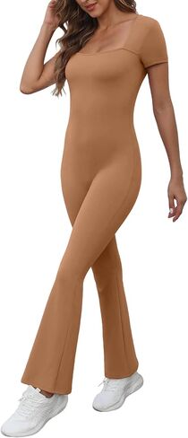 قطعة واحدة من بذلات مضيئة للنساء برقبة مربعة وبنطلون واسع الساق وطول كامل قابل للتمدد in Kuwait