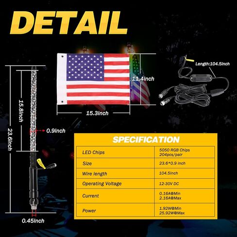 LTEODCHEW 2FT LED RGB Whip Lights 2PCS, Spiral RGBW Chase/Dancing Light with RF Remote, Off-road Warning Lighted Antenna on Roll Cage for UTV ATV Polaris RZR XP1000 Can-am X3 SUV Roof Rav4 Model Y CRV in Saudi Arabia