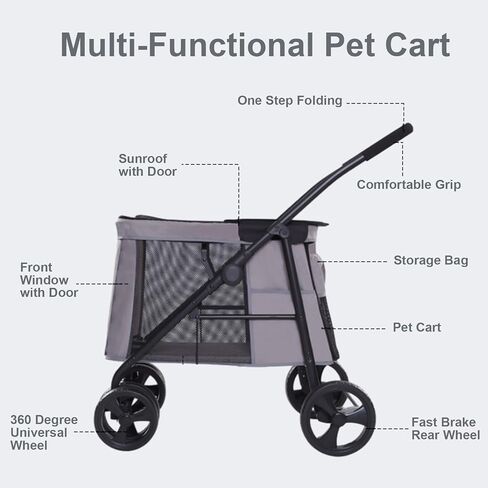 عربة كلب للكلاب الكبيرة، عربة حيوانات أليفة كبيرة للكلاب المتوسطة قابلة للطي والتهوية والفصل والطي وعربة للكلاب مع جيب يصل وزنه إلى 88 رطلاً رمادي in Kuwait