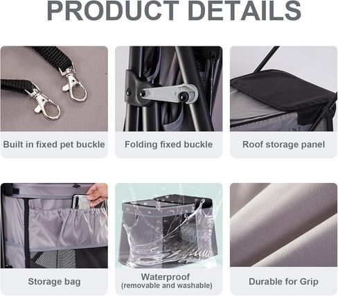 عربة كلب للكلاب الكبيرة، عربة حيوانات أليفة كبيرة للكلاب المتوسطة قابلة للطي والتهوية والفصل والطي وعربة للكلاب مع جيب يصل وزنه إلى 88 رطلاً رمادي in Kuwait