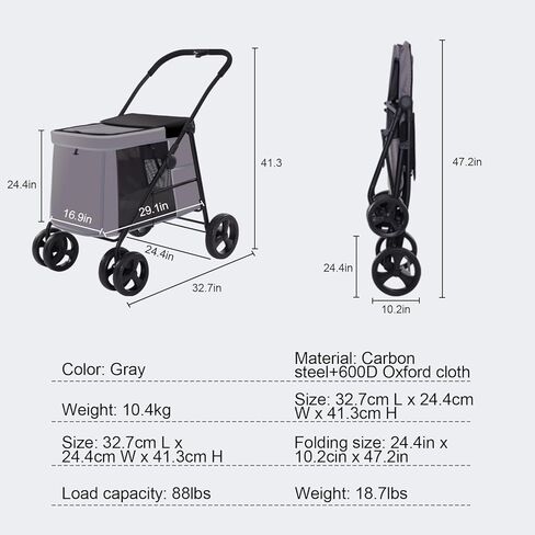 عربة كلب للكلاب الكبيرة، عربة حيوانات أليفة كبيرة للكلاب المتوسطة قابلة للطي والتهوية والفصل والطي وعربة للكلاب مع جيب يصل وزنه إلى 88 رطلاً رمادي in Kuwait