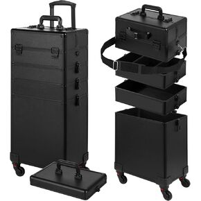 حقيبة مكياج دوارة، حقيبة قطار مكياج مع غطاء، حقيبة مستحضرات تجميل 5 في 1 على عجلات، هدية عيد الميلاد، منظمات مكياج كبيرة، حقيبة مستحضرات تجميل احترافية لحلاقة صالونات التجميل، أسود in Kuwait