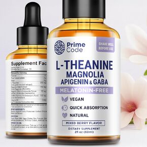 Prime Code L-Theanine Liquid with Magnolia, Apigenin & GABA – Melatonin-Free Relaxation & Calm Support – Mixed Berry Flavor – Vegan, Natural, Fast Absorption Supplement for Men & Women, 2 fl oz in Saudi Arabia