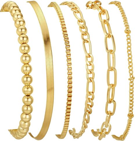 Mujahid 14K Gold Plated Bracelets for Women Waterproof, Jewelry Sets Trendy Thin Dainty Stackable Cuban Link Paperclip Chain Bracelet Pack Fashion Accessories Gifts for Womens in Saudi Arabia