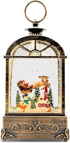 Christmas Snow Globe Lantern, Vintage Window-Style Water Lantern with Music, Glitter Swirl & 6H Timer, Santa Sleigh Scene, USB or Battery Powered Holiday Décor in Saudi Arabia