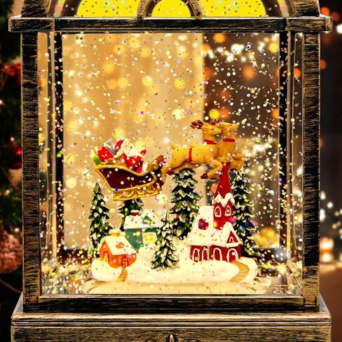 Christmas Snow Globe Lantern, Vintage Window-Style Water Lantern with Music, Glitter Swirl & 6H Timer, Santa Sleigh Scene, USB or Battery Powered Holiday Décor in Saudi Arabia