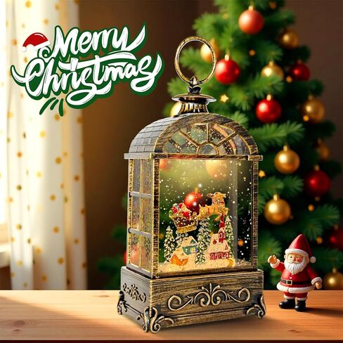 Christmas Snow Globe Lantern, Vintage Window-Style Water Lantern with Music, Glitter Swirl & 6H Timer, Santa Sleigh Scene, USB or Battery Powered Holiday Décor in Saudi Arabia