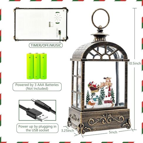 Christmas Snow Globe Lantern, Vintage Window-Style Water Lantern with Music, Glitter Swirl & 6H Timer, Santa Sleigh Scene, USB or Battery Powered Holiday Décor in Saudi Arabia