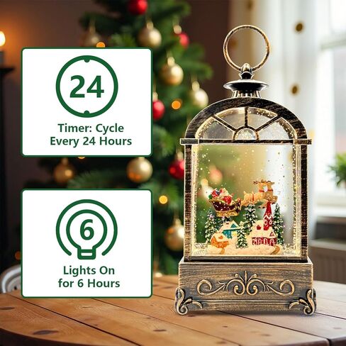 Christmas Snow Globe Lantern, Vintage Window-Style Water Lantern with Music, Glitter Swirl & 6H Timer, Santa Sleigh Scene, USB or Battery Powered Holiday Décor in Saudi Arabia