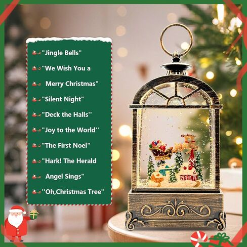 Christmas Snow Globe Lantern, Vintage Window-Style Water Lantern with Music, Glitter Swirl & 6H Timer, Santa Sleigh Scene, USB or Battery Powered Holiday Décor in Saudi Arabia