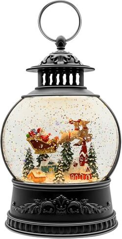 Christmas Snow Globe Lantern, Vintage Window-Style Water Lantern with Music, Glitter Swirl & 6H Timer, Santa Sleigh Scene, USB or Battery Powered Holiday Décor in Saudi Arabia