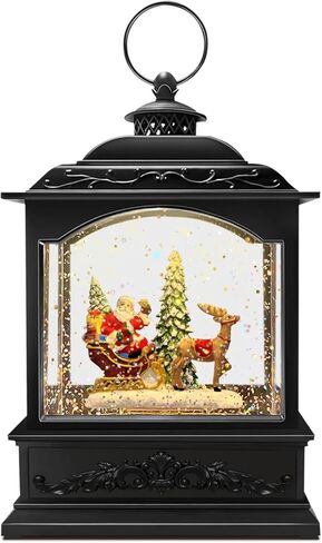 Christmas Snow Globe Lantern, Vintage Window-Style Water Lantern with Music, Glitter Swirl & 6H Timer, Santa Sleigh Scene, USB or Battery Powered Holiday Décor in Saudi Arabia