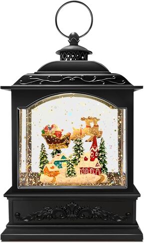 Christmas Snow Globe Lantern, Vintage Window-Style Water Lantern with Music, Glitter Swirl & 6H Timer, Santa Sleigh Scene, USB or Battery Powered Holiday Décor in Saudi Arabia