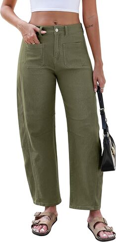 Eddoyee Wide Leg Barrel Pants Women - Stretchy High Waist Baggy Pants Y2k Boyfriend Ankle Trousers with Pockets in Saudi Arabia