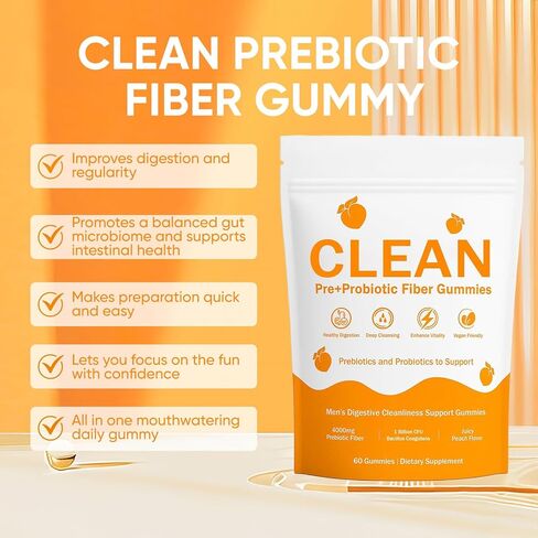 صمغ ألياف البريبايوتك النظيفة للرجال، نكهة الخوخ، صمغ ألياف ما قبل + البروبيوتيك، خالية من السكر، دعم صحة الأمعاء، تحسين الهضم، علكة دعم تنظيف الجهاز الهضمي للرجال، 60 قطعة (1) in Kuwait