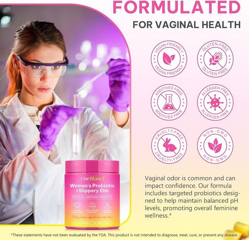 علكات البروبيوتيك الأنثوية مع الدردار الزلق | علكات الأناناس للنساء توازن درجة الحموضة، البروبيوتيك المهبلي يدعم النباتات، صحة الأمعاء والجهاز المناعي، مزيج البريبايوتكس والعصية اللبنية | 60 علكة in Kuwait