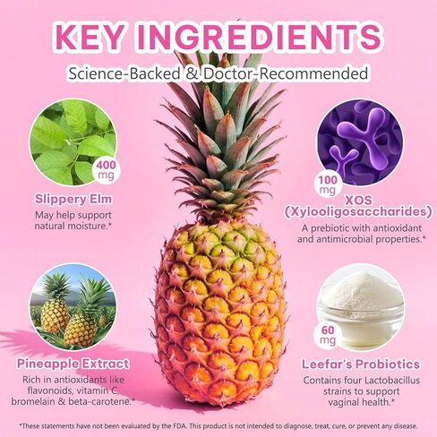 علكات البروبيوتيك الأنثوية مع الدردار الزلق | علكات الأناناس للنساء توازن درجة الحموضة، البروبيوتيك المهبلي يدعم النباتات، صحة الأمعاء والجهاز المناعي، مزيج البريبايوتكس والعصية اللبنية | 60 علكة in Kuwait