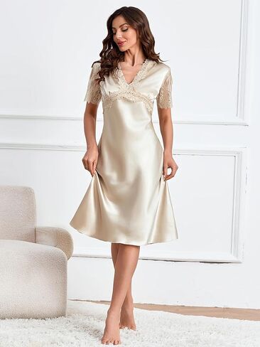 Women Lace Trim Cross Front Nightdress, Lightweight Sleepwear Home Wear Summer Lounge Dress Nightgown Relaxed Fit Comfort in Saudi Arabia