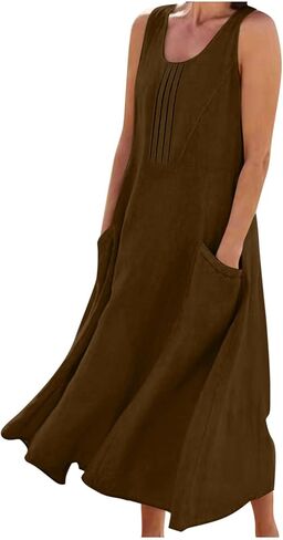 Linen Dresses for Women 2026 Summer Casual Sleeveless Sundress Loose Flowy Pleated Beach Midi Dress with Pockets in Saudi Arabia