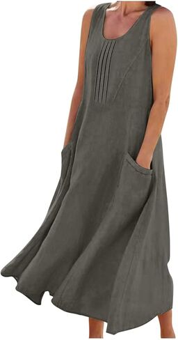 Linen Dresses for Women 2026 Summer Casual Sleeveless Sundress Loose Flowy Pleated Beach Midi Dress with Pockets in Saudi Arabia