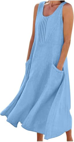 Linen Dresses for Women 2026 Summer Casual Sleeveless Sundress Loose Flowy Pleated Beach Midi Dress with Pockets in Saudi Arabia