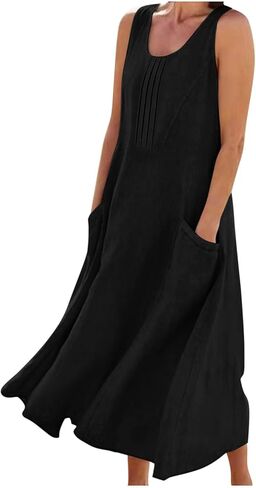 Linen Dresses for Women 2026 Summer Casual Sleeveless Sundress Loose Flowy Pleated Beach Midi Dress with Pockets in Saudi Arabia