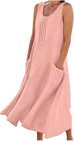 Linen Dresses for Women 2026 Summer Casual Sleeveless Sundress Loose Flowy Pleated Beach Midi Dress with Pockets in Saudi Arabia