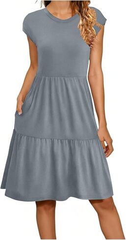 Summer Dresses for Women 2026 Trendy Cap Sleeve Sundress Pleated Tiered Swing Beach Vacation Mini Dress with Pockets in Saudi Arabia