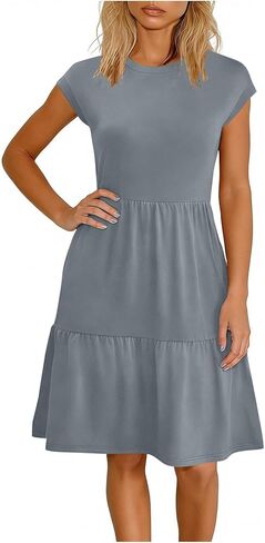 Summer Dresses for Women 2026 Trendy Cap Sleeve Sundress Pleated Tiered Swing Beach Vacation Mini Dress with Pockets in Saudi Arabia