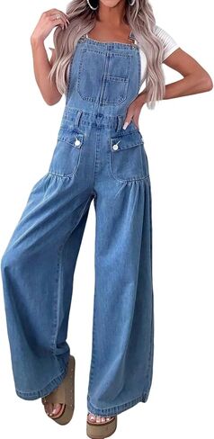 loveimgs Women Versatile Baggy Denim Bib Overalls Wide Leg Jean Jumpsuit Palazzo Pans Cargo Barrel Overall Loose Romper Y2k in Saudi Arabia