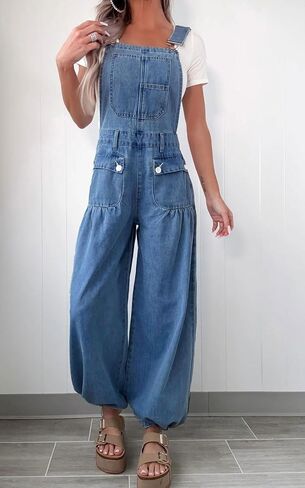 loveimgs Women Versatile Baggy Denim Bib Overalls Wide Leg Jean Jumpsuit Palazzo Pans Cargo Barrel Overall Loose Romper Y2k in Saudi Arabia