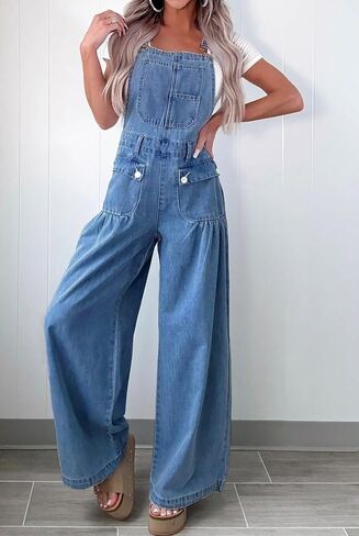 loveimgs Women Versatile Baggy Denim Bib Overalls Wide Leg Jean Jumpsuit Palazzo Pans Cargo Barrel Overall Loose Romper Y2k in Saudi Arabia