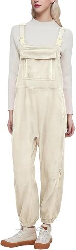 MAYSTEPPE Women's Fleece Warm Overalls Loose Casual Sherpa Jumpsuits Adjustable Strap Winter Outfits Rompers With Pockets in Kuwait