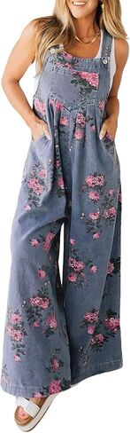 ebossy Women's Floral Denim Bib Overalls Adjustable Straps Sleeveless Wide Leg Long Jean Jumpsuit in Saudi Arabia