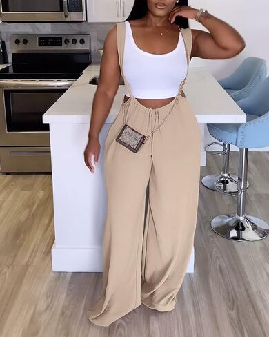 Womens Drawstring Wide Leg Suspender Pants Sleeveless Solid Casual Loose Fit Jumpsuit for Office Daily Street Outdoor in Saudi Arabia